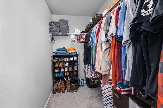 walk in closet featuring carpet floors