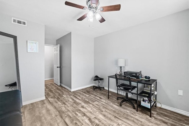 office area featuring wood-type flooring and ceiling fan