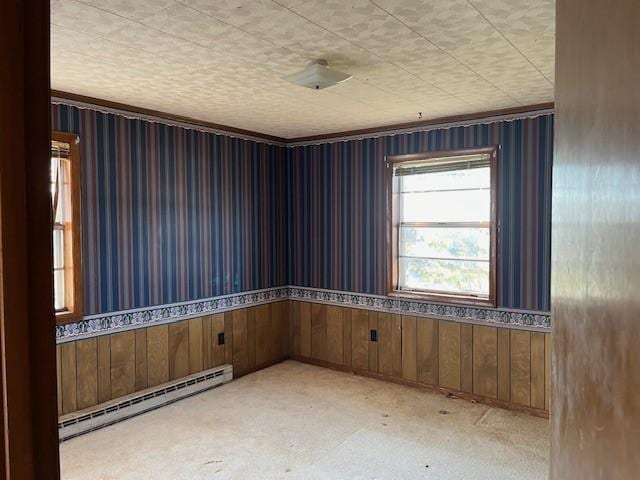 spare room with wooden walls and a baseboard radiator