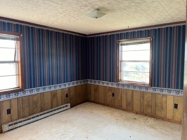 empty room featuring baseboard heating and wooden walls