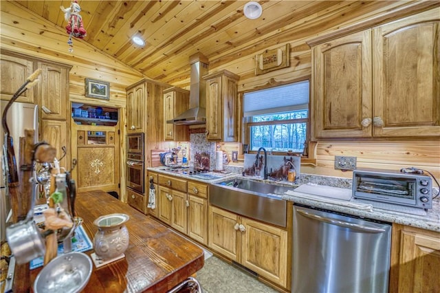 kitchen with light stone countertops, appliances with stainless steel finishes, wall chimney exhaust hood, vaulted ceiling, and wooden ceiling