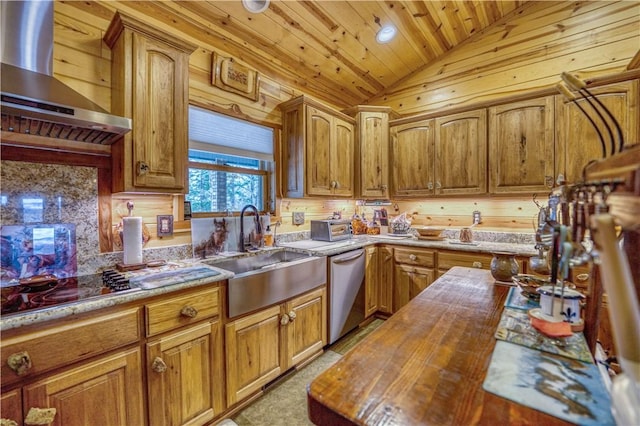 kitchen with stainless steel dishwasher, wall chimney exhaust hood, vaulted ceiling, sink, and butcher block counters