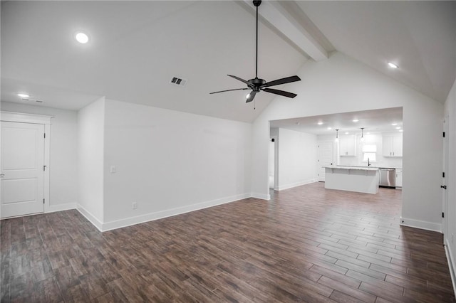 unfurnished living room featuring sink, high vaulted ceiling, dark hardwood / wood-style flooring, ceiling fan, and beam ceiling