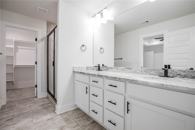 bathroom featuring vanity and a shower with door