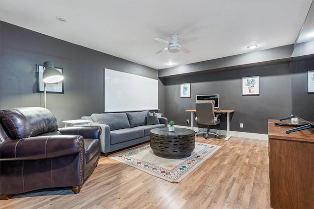 1515/1517 Belle Royal Ct, Bentonville, AR 72712 - home theater featuring light wood-style flooring, a ceiling fan, baseboards, and recessed lighting