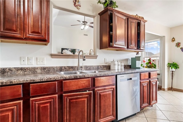 kitchen featuring stainless steel dishwasher, light tile patterned floors, ceiling fan, and sink