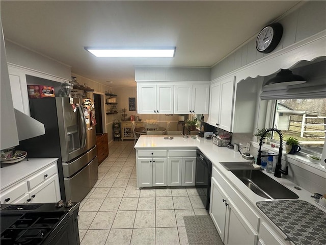 kitchen featuring white cabinetry, sink, stainless steel refrigerator with ice dispenser, kitchen peninsula, and light tile patterned flooring