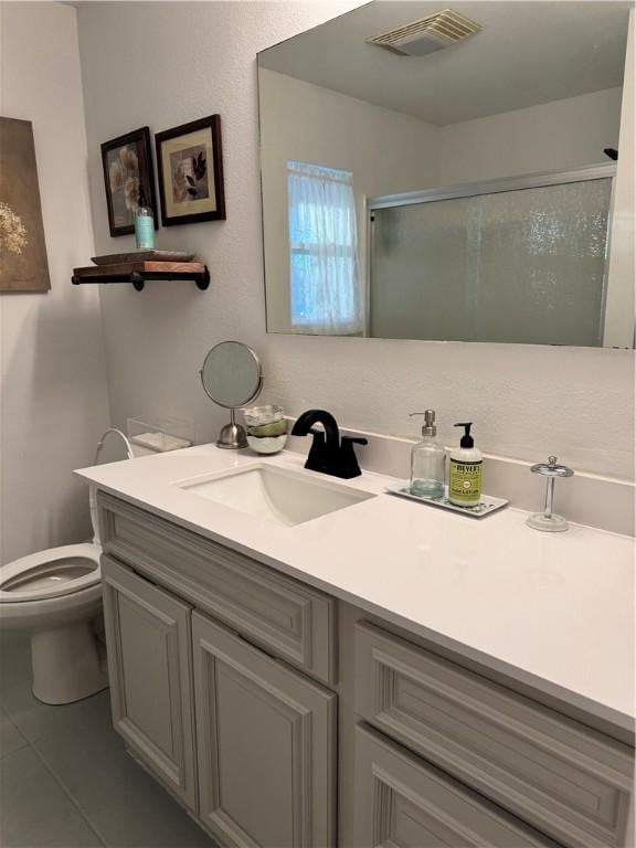 full bath featuring tile patterned flooring, visible vents, toilet, a stall shower, and vanity