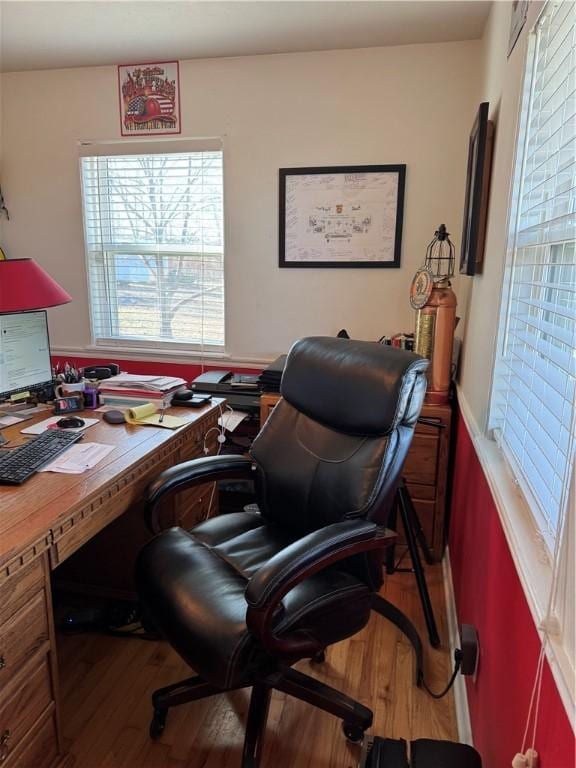 home office featuring a healthy amount of sunlight and wood finished floors