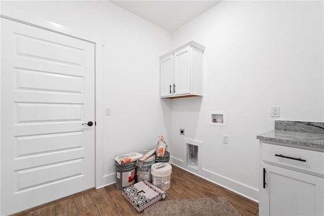 laundry room with hookup for an electric dryer, cabinets, dark wood-type flooring, and washer hookup