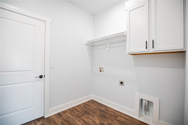 laundry area with dark wood-style floors, hookup for a washing machine, cabinet space, hookup for an electric dryer, and baseboards