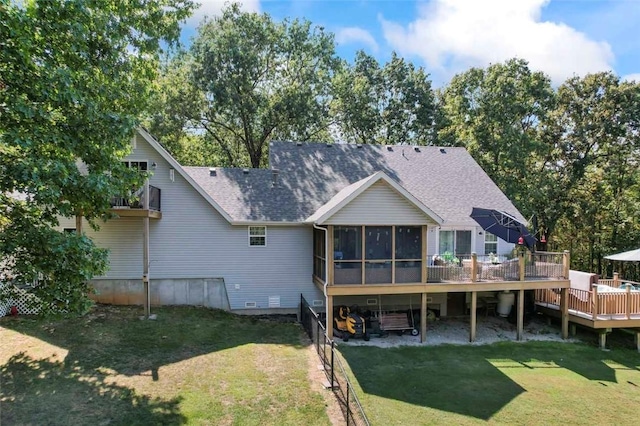 635 Ranchview Rd, Ridgedale, MO 65739 - back of house featuring roof with shingles, a sunroom, a deck, and a lawn