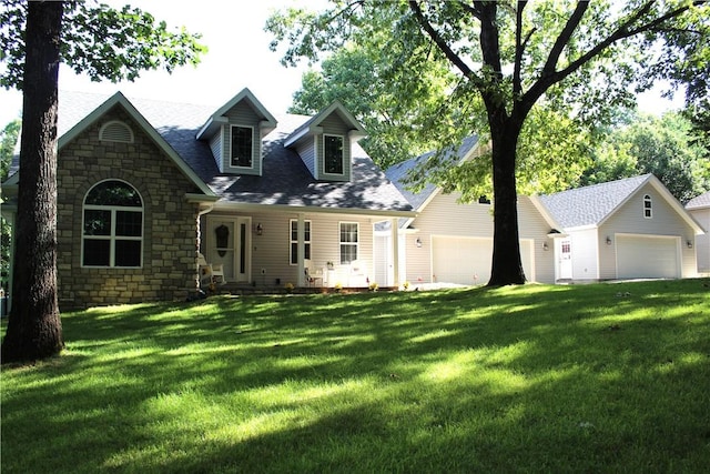 635 Ranchview Rd, Ridgedale, MO 65739 - cape cod home featuring stone siding, a front lawn, roof with shingles, and an outdoor structure
