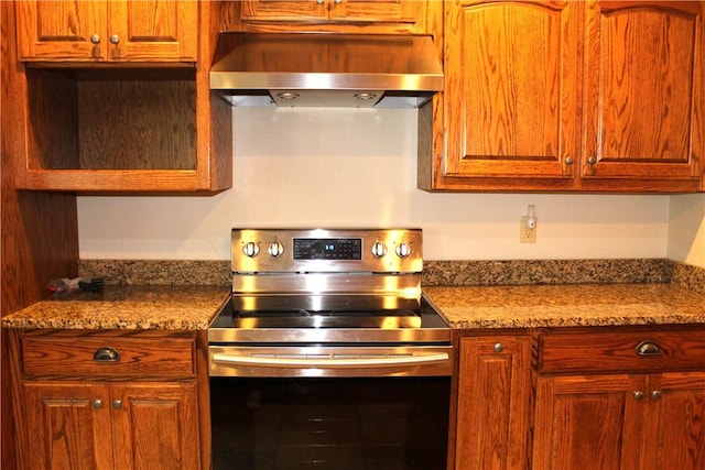 635 Ranchview Rd, Ridgedale, MO 65739 - kitchen with extractor fan, stainless steel range with electric stovetop, light stone countertops, and brown cabinets
