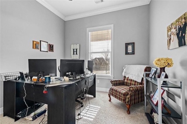 carpeted office featuring a wealth of natural light and crown molding