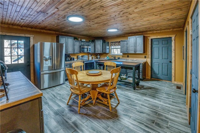 dining room featuring sink and wood ceiling