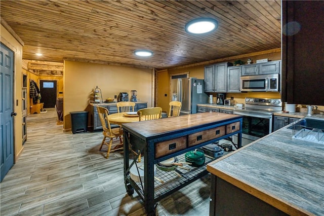 kitchen with appliances with stainless steel finishes, wood ceiling, and sink