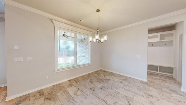 unfurnished dining area with built in shelves, a notable chandelier, and ornamental molding