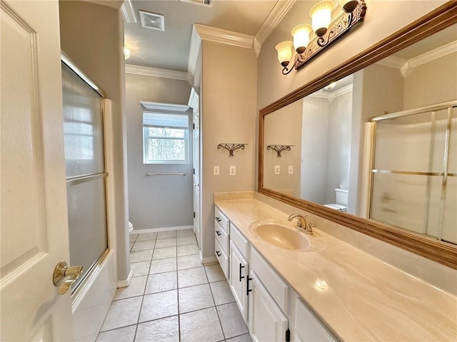 full bathroom with tile patterned flooring, toilet, visible vents, vanity, and ornamental molding