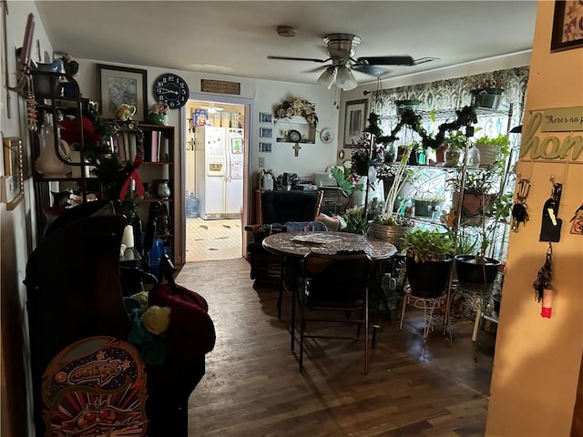 dining space with ceiling fan and wood-type flooring