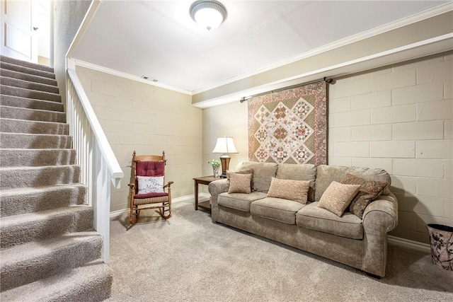 carpeted living room with ornamental molding