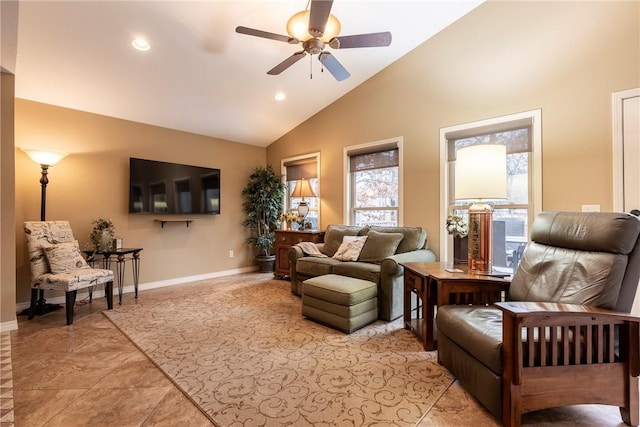 living room with high vaulted ceiling and ceiling fan