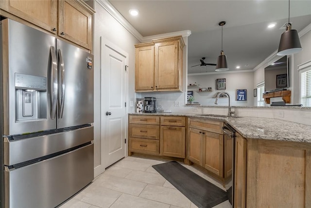 kitchen featuring light stone countertops, sink, ceiling fan, stainless steel refrigerator with ice dispenser, and crown molding