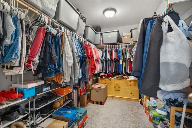 spacious closet featuring light colored carpet