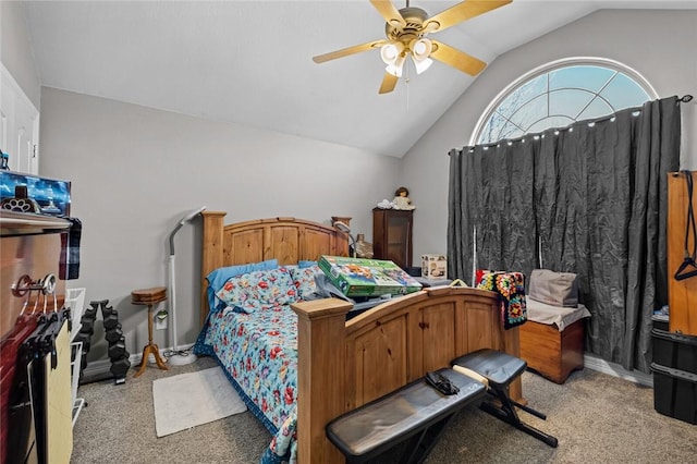 bedroom featuring ceiling fan, light colored carpet, and lofted ceiling