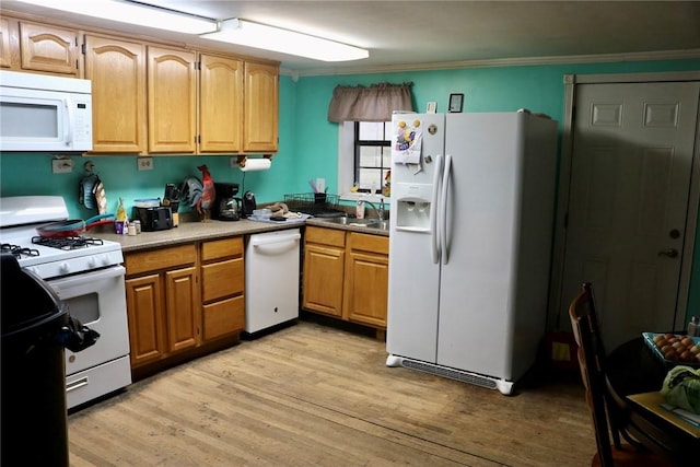 kitchen featuring crown molding, sink, white appliances, and light hardwood / wood-style flooring