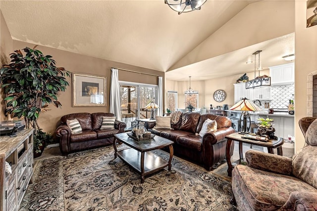 living area with vaulted ceiling