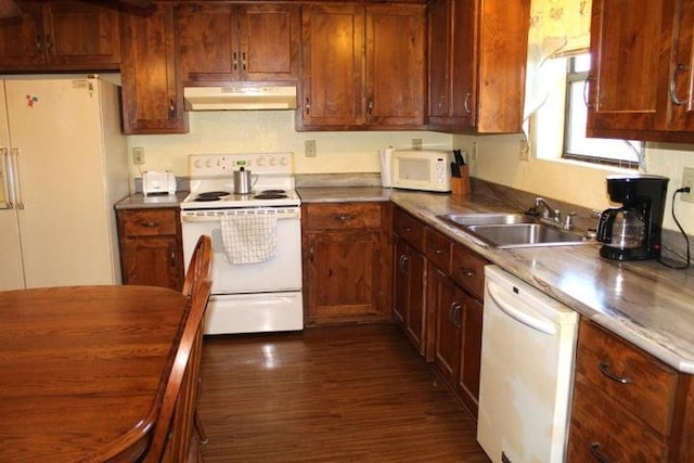 kitchen featuring dark hardwood / wood-style floors, white appliances, sink, and extractor fan