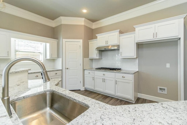 kitchen featuring white cabinets, decorative backsplash, light stone countertops, and sink