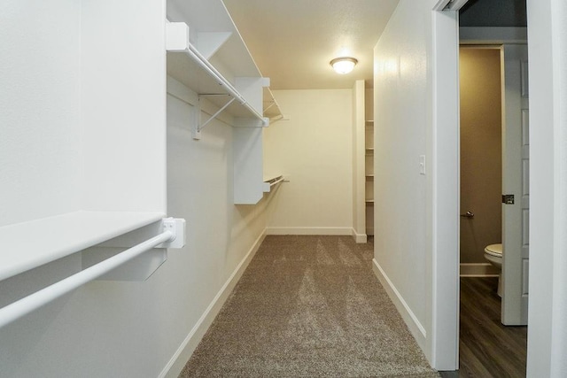 spacious closet featuring dark colored carpet