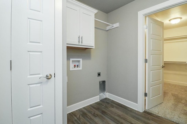 clothes washing area featuring hookup for an electric dryer, dark hardwood / wood-style flooring, cabinets, and hookup for a washing machine