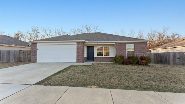 ranch-style house featuring a garage and a front lawn