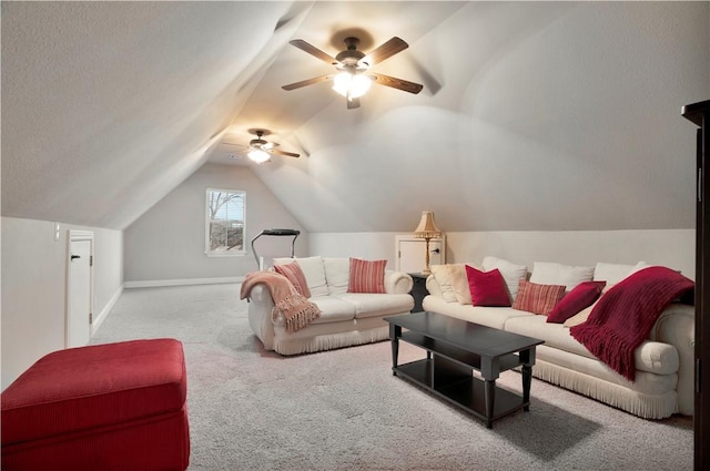 living room with light carpet, ceiling fan, and lofted ceiling