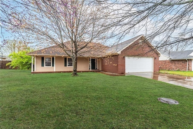 single story home featuring a front lawn and a garage