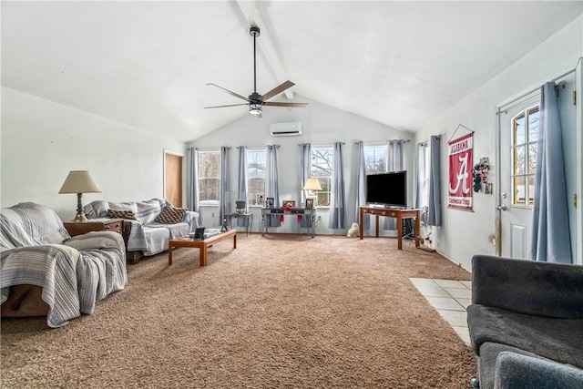 carpeted living room featuring a wall mounted air conditioner, ceiling fan, and lofted ceiling