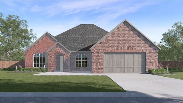 view of front facade featuring brick siding, a shingled roof, and a front yard