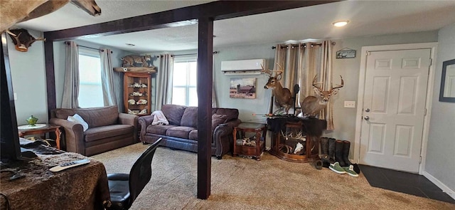 living room with beamed ceiling and carpet floors