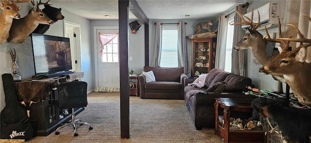 living room with light carpet and a textured ceiling