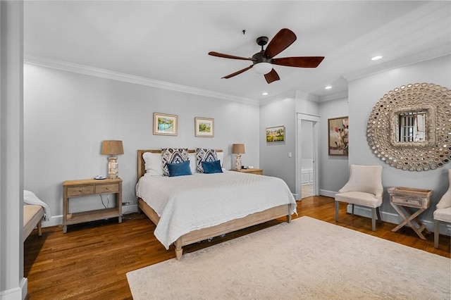 bedroom with dark hardwood / wood-style floors, ceiling fan, and ornamental molding