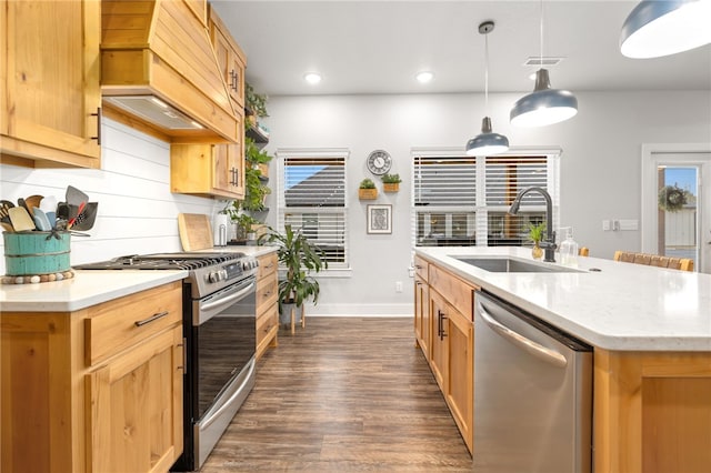 kitchen with decorative light fixtures, sink, stainless steel appliances, and an island with sink