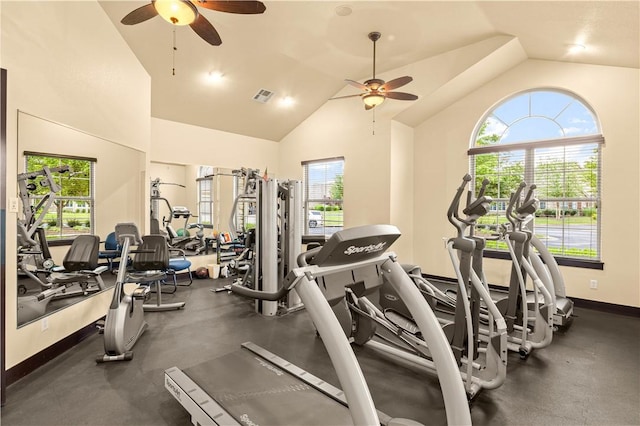 exercise room with ceiling fan, plenty of natural light, and vaulted ceiling