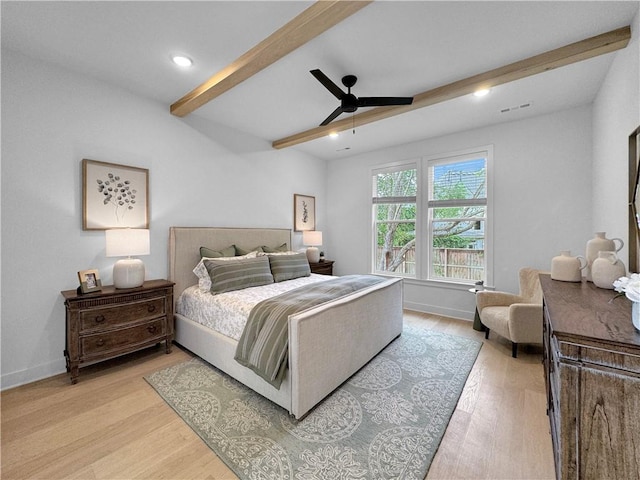 bedroom featuring beamed ceiling, visible vents, baseboards, and light wood-style floors