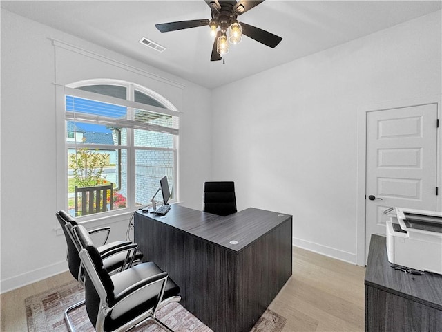 office with light wood finished floors, visible vents, ceiling fan, and baseboards