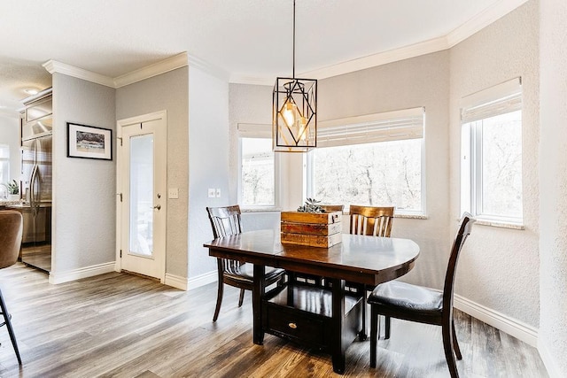 dining room with hardwood / wood-style flooring and ornamental molding