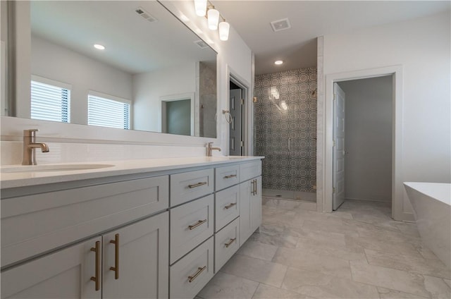 bathroom with vanity and plus walk in shower