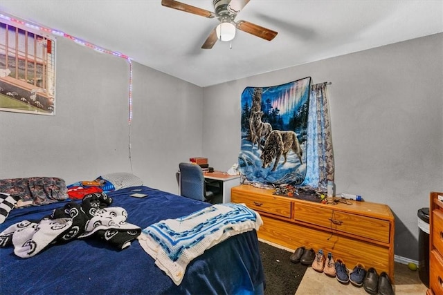 carpeted bedroom with ceiling fan